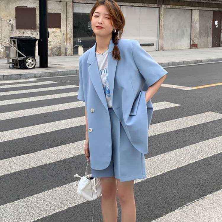 スーツ セットアップ レディース テーラードジャケット 半袖 ショートパンツ パンツスーツ 上下2点セット ハーフパンツ 半ズボン 春 夏 カジュアル スーツ ジャケット オーバーサイズ 大きいサイズ グリーン ブラック ブルー 【送料無料】