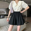 パンツ スカート ボリューム レディース スカーチョ キュロット aライン ふんわり ショートパンツ ハーフパンツ 半ズボン ハイウエスト スカンツ 雲型 美脚 脚長効果 大人可愛い おしゃれ かわいい 春 夏 学生 ブラック 黒 【送料無料】