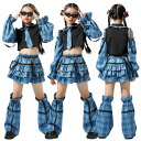 キッズ ダンス衣装 舞台服 女の子 子供服 ダンス衣装 チェック柄 ブルー 黒 Y2K ネクタイ付き トップス スカート レッグウォーマー ダンス おしゃれ チ...