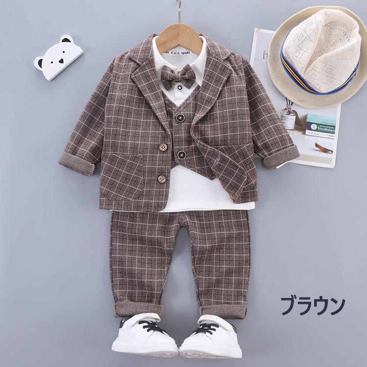 商品説明 color="#000000">商品名 お子様のお洒落さと機能を重視したデザインで、結婚式、入園式、 お祝いなどのフォーマルシーンはもちろん、発表会の衣装としても！ やんちゃな僕も英国紳士のようにスマートに大変身・ サイズ展開は赤ちゃんからお兄さんまで。 兄弟や、お友達とお揃いも素敵ですね・ 素材 width="291" bgcolor="#ffffff">ポリエステル サイズ width="291" bgcolor="#ffffff"> 80 90 100 110 120 bgcolor="#f0f0f0">カラー color="#000000"> グレー　ブラウン セット内容 シャツ　パンツ　ジャケット 注意 width="291" bgcolor="#ffffff"> PC環境・光の具合により、色や素材のイメージが写真と若干異なる場合がございます。 モデル・写真に使用されているアクセサリー・小物は別途記載が無い限り付属いたしません。 商品に不良があった場合は、商品到着から5日以内にご連絡いただければご返金・交換対応させて頂きます。 商品のサイズは、全て平置きにて外寸を測定しております。 商品によっては+-0.5cm〜1cmの誤差が発生してしまう場合がございます。 該当商品は他店と在庫共有です。タイミングにより、在庫ズレが生じる場合がございます。予めご了承ください。