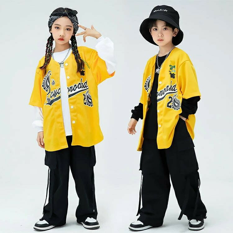 黄色 ベースボールシャツ 夏 キッズ ダンス衣装 セットアップ 黄色 黒 白 ロングt...