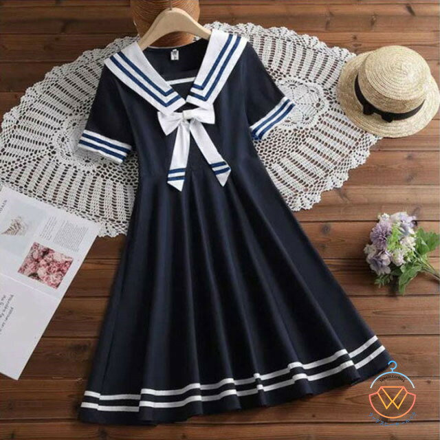 ライン入り ワンピース 可愛い リボン付き 子供服 半袖 セーラーワンピース 制服 高校生 女の子 中学生 ミモレ丈ワンピース ブルー セーラー セーラー襟 春 夏 150cm ネイビー 110cm 120cm 130cm 140cm 女の子 ロングワンピース