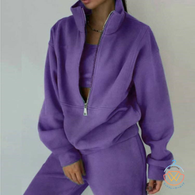 レディース ハーフジッププルオーバー セットアップ ジョギング ゆったり スウェット スエット 上下セットアップ 裏起毛 ジャージ スポーツウェア トレーナー ...