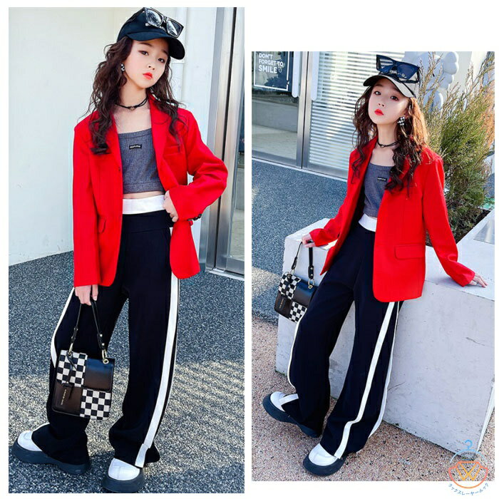 韓国子供服 レッド ブレザー フォーマル 女の子 スーツジャケット ファッション 長袖 ブレザー 無地 ゆったり ダンス 衣装 ヒップホップ ジャズ ブレザー レッド アウター ブレザー 春秋 新作 演出 舞台 団体服 応援団 110 120 130 140 150 160 170