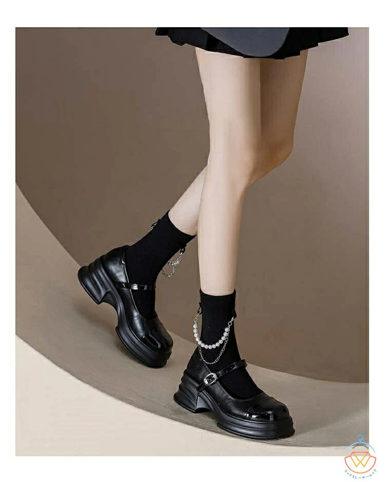 パンプス レディース ストラップシューズ 靴 浅口 厚底 配色 光沢感 ラウンドトゥ 太ヒール ストラップ付き 大人可愛い 柔らかい 滑りにくい 脱げない 疲れ...