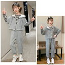 韓国子供服 秋服 3点セット 女の子 セットアップ ジャージ レジャー 運動着 お出かけ キッズ スポーツウェア 長袖Tシャツ+半袖ジャケット+パンツ フード付き トップス ストライプ柄 学生 スポーツ大会 クラス活動 グレー 春 秋 110cm 120cm 130cm 140cm 150cm 160cm 170cm