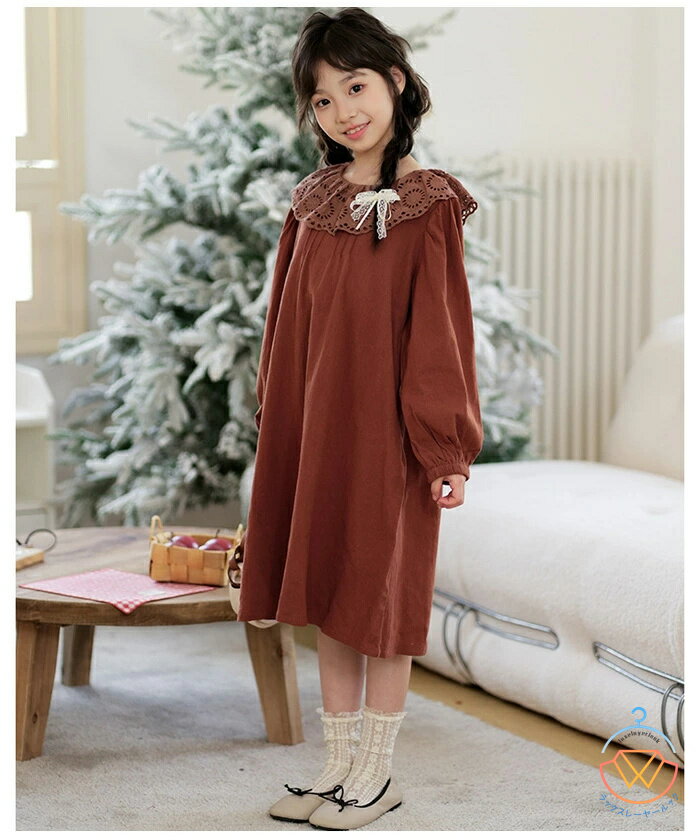 子供服 女の子 ワンピース キッズ 長袖 綿 ワンピース モカ レッド ワンピ イベント 誕生日 結婚式 ワンピース キッズ服 子ども服 ワンピース レースネック プリンセス ワンピース クリスマス お正月 プレゼント ワンピー 春着 秋着 120 130 140 150 160 170
