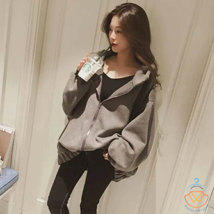 ラックスレーヤールックのジップパーカー レディース 大きめ オーバーサイズ パーカー 秋冬 長袖 フリース 裏起毛 スウェット 冬 韓国風 カジュアル おしゃれ 冬 トップス ジップアップパーカー ロング丈 ビッグシルエット ビッグパーカー フード付き 大きいサイズ 送料無料｜アングル3