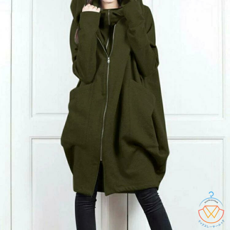 パーカー ロング丈 レディース スウェット フード付き 秋冬 カジュアル 防寒 トップス ボリュームネック ジップアップパーカー 大きい..