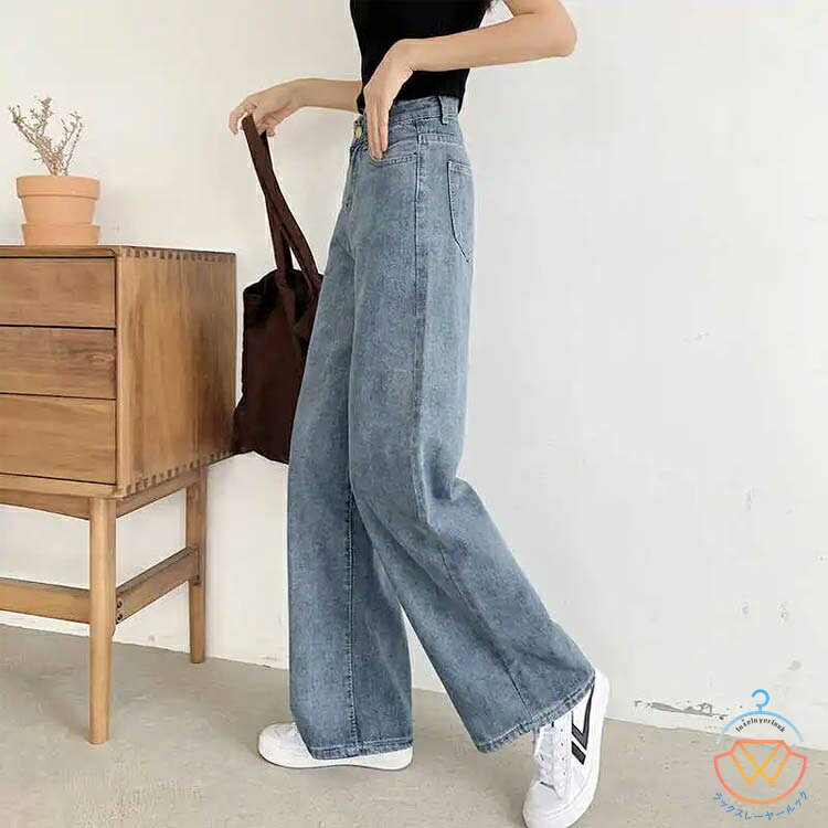 Rakuten - デニムパンツ レディース ワイドパンツ 春秋 冬 ジーンズ ガウチョパンツ ハイウエスト ボトムス 美脚 着?せ ジーパン ワイド デニム ゆったり ストレート パンツ ロング ズボン ゆったり 送料無料 ギフト