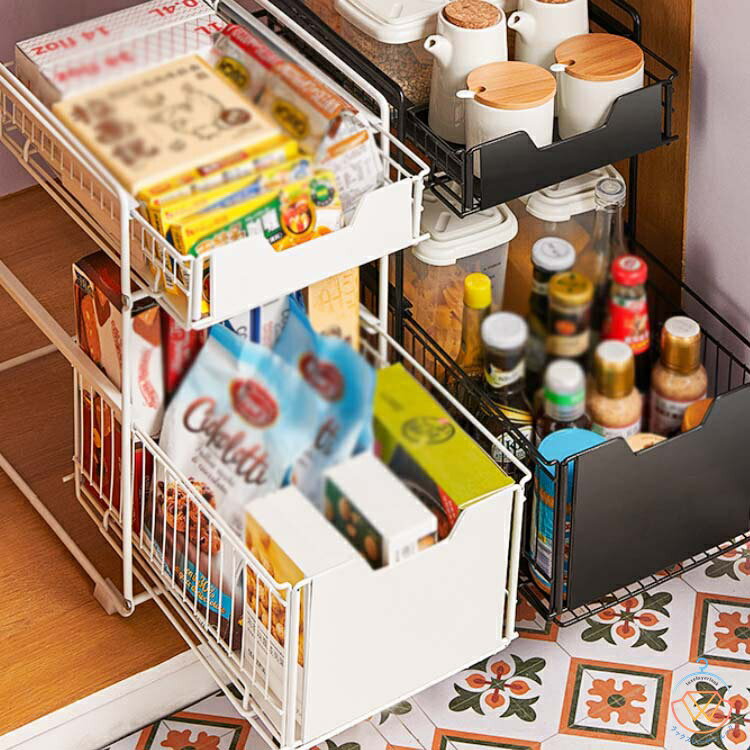 シンク下 収納 スライド ラック キッチン シンク下スライドラック 滑り止めゴム付 2段 ステンレス製 バ..