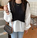 送料無料 ドッキングシャツ レイヤード風 シャツ ブラウス 重ね着風 レディース 長袖 トップス 春 秋 ボリューム袖 体型カバー バルーンスリーブ カジュアル シンプル おしゃれ 大人可愛い 韓国 ファッション km 新生活