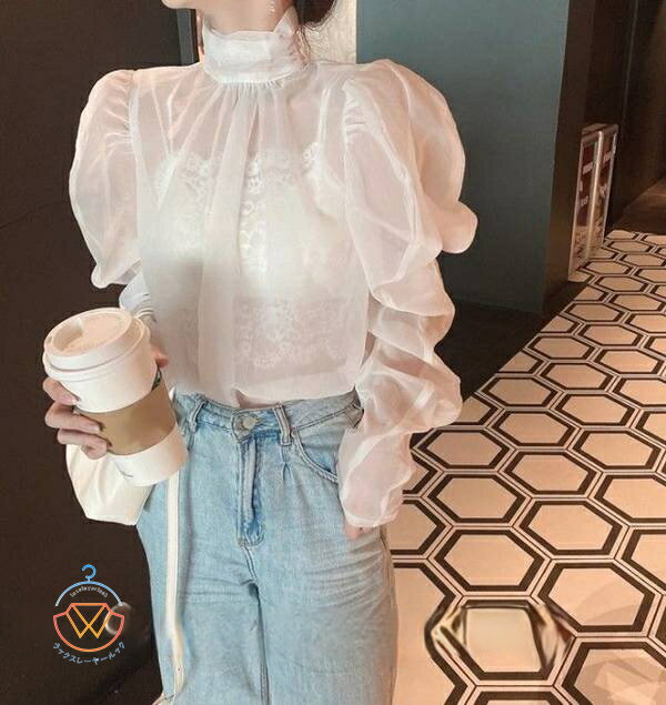 送料無料 シースルー ハイネック ブラウス 長袖 トップス レディース 春 秋 スタンドカラー シアートップス カジュアル 韓国 ファッション 白 シアー シャツ インナー パワーショルダー ボリューム袖 おしゃれ 大人可愛い セクシー km 新生活