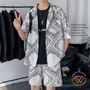 おしゃれ 半袖 メンズ アロハシャツ セットアップ 接触冷感 ストリート ペイズリー 2点セット バンダナ柄 プリント ゆったり 開襟シャツ 涼感 薄手 速乾 ...