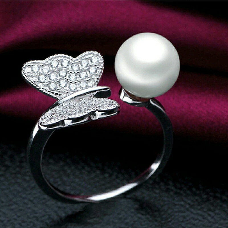 リング 指輪 レディース ダイヤ（キュービックジルコニア） 贅沢 蝶々 バター パール ホワイトデープレゼント ジュエリー プラチナ仕上げ シルバー925 彼女 誕生日 プレゼント 結婚式