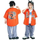 子供服 セットアップ キッズ k-pop ダンス衣装 上下セット ペイズリー柄 シャツ ヒップホップ キッズダンス衣装 ゆるシャツ オレンジ デニムパンツ 青 ...