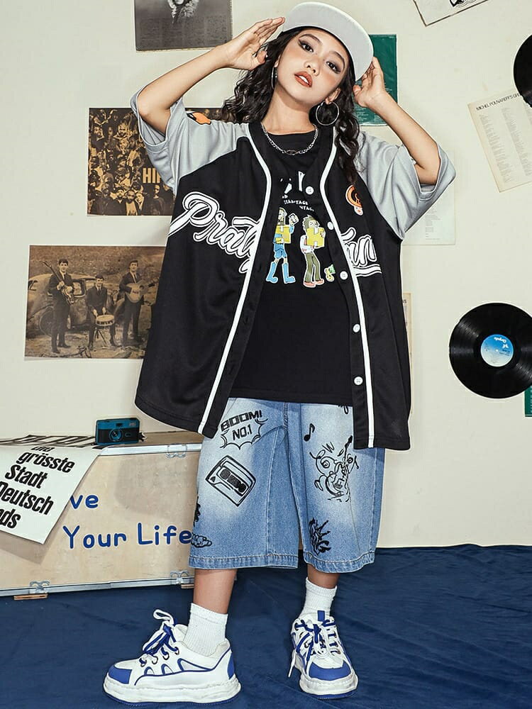 ベースボールシャツ 半袖 パンツ 黒 青 キッズダンス衣装 シャツ ベスト 黒 デニムパンツ ショートパン..