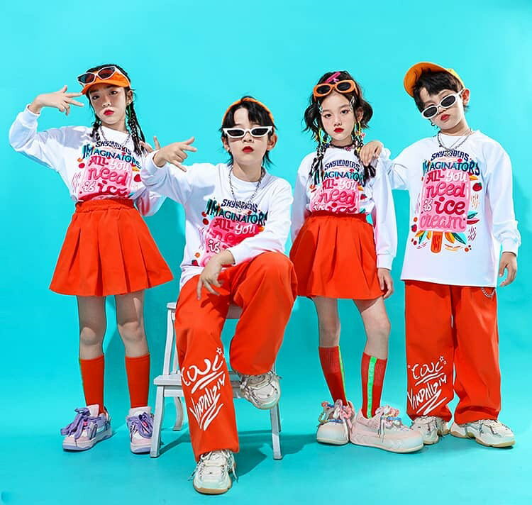 白 オレンジ キッズダンス衣装 セットアップ 女の子 男の子 韓国 チア ダンス ヒップホップ 子供服 ダンス 衣装 キッズ パンツ スカート キッズダンス 衣装 白トップス 長袖 単品 体操服 応援団 舞台服