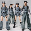 キッズ ダンス衣装 セットアップ ヒップホップ 女の子 デニム トップス 肩出し パンツ レッグウォーマー デニムパンツ ロングパンツ hiphop 舞台服 演出服 練習着 韓国 ファッション jazz ステージ衣装 子供服 k-pop かっこいい