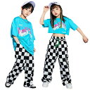 tシャツ 青 パンツ チェック柄 キッズダンス衣装 セット 子供服 ヒップホップ キッズ ダンス衣装 トップス 半袖 パンツ ロング丈 ストリート系 hiphop ジュニア ストリート系