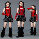 キッズダンス衣装 女の子 ガールズ アイドル風 k-pop ダンス衣装 黒 赤 団体服 応援団 発表会 韓国 Y2K キッズ セットアップ ヒップホップ トップス ドラゴン柄 龍柄 袖無し レザースカート ベルト レッグウォーマー 演出服 練習着 舞台 可愛い 120-170