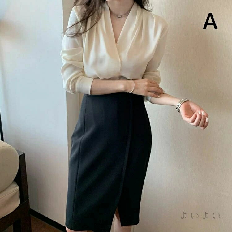 ブラウス レディース 春夏 オシャレ 40代 30代 50代 長袖ブラウス 韓国風 Vネック ブラウス オフィス ブラウス 大人 通勤 OL シフォンブラウス シャツ 着痩せ ブラウス 大人 カジュアル ウエア(4)