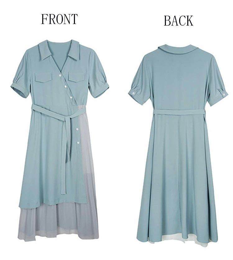 シャツワンピース レディース 春 夏 プリーツワンピース 半袖 シフォン ドッキング プリーツ 折り襟 ワンピース Aライン フレア リボン ロングワンピース ...