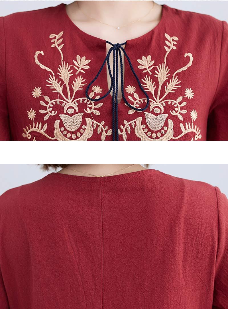 ロングワンピース レディース 綿 麻 ワンピース 刺繍 半袖 丸首 エスニック ワンピ...