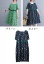 花柄ワンピース レディース 綿 麻 膝丈ワンピース 春 夏 クルーネック 半袖 花柄 ポケット付き ワンピース ドッキング フリル 総柄 リゾートワンピース ロ...