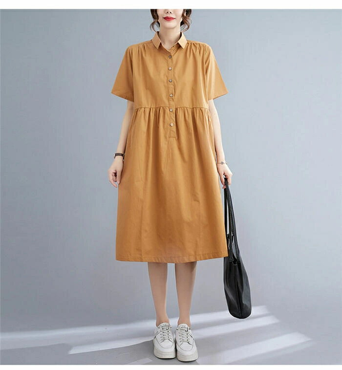 ワンピース レディース 夏 ロングワンピ 半袖 フレアワンピース 半そで 膝丈 Aライン シャツワンピ ゆ..