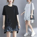 レース チュニック レディース ロングtシャツ 半袖 トップス ドッキング Tシャツ 花柄レース 5分袖 夏tシャツ プルオーバー 透かし 切り替え 異素材 シ...