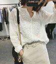 ブラウス レディース きれいめ 春夏 上品 レース 花刺繍 白シャツ vネック トップス 長袖 ゆったり オシャレ 大人 Tシャツ 20代 30代 40代 50代 送料無料