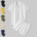 「楽天ス一パ一SALE 10%OFF」セットアップ メンズ リネンシャツ 上下セット 2点セット 上下 セット 半袖シャツ ハーフパンツ 夏 夏服 シャツ 綿麻風 半袖 開襟 前開き ショートパンツ ウエストゴム 短ズボン 薄手 通気性 涼しい 無地 ポケット付き