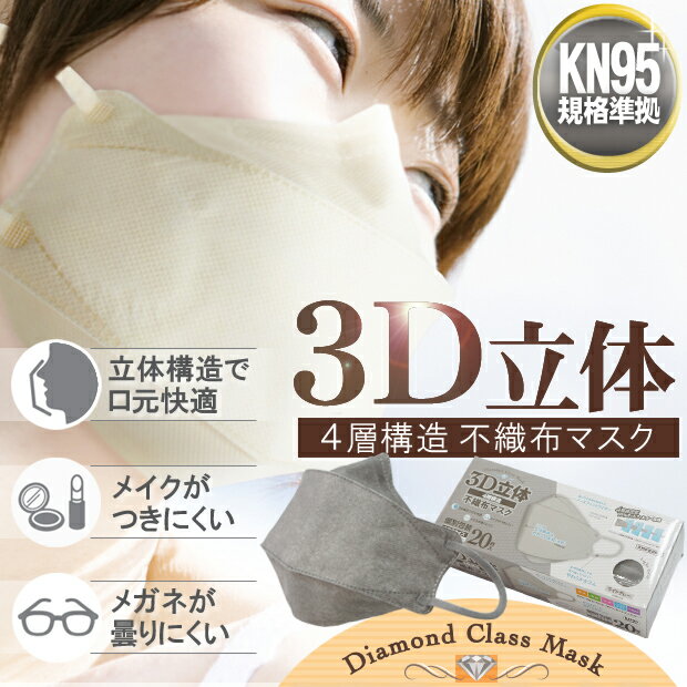 【個包装】3D立体 不織布マスク 20枚入 4層 フィルター KN95規格準拠 【ライトグレー】ノーズフィットワイヤー やわらか 太ゴム 内素材 大人用 男女兼用 ふつうサイズ 平面時(205×75mm) かぜ 黄砂 花粉 ハウスダスト 対策 3DMK-20LGY【単】