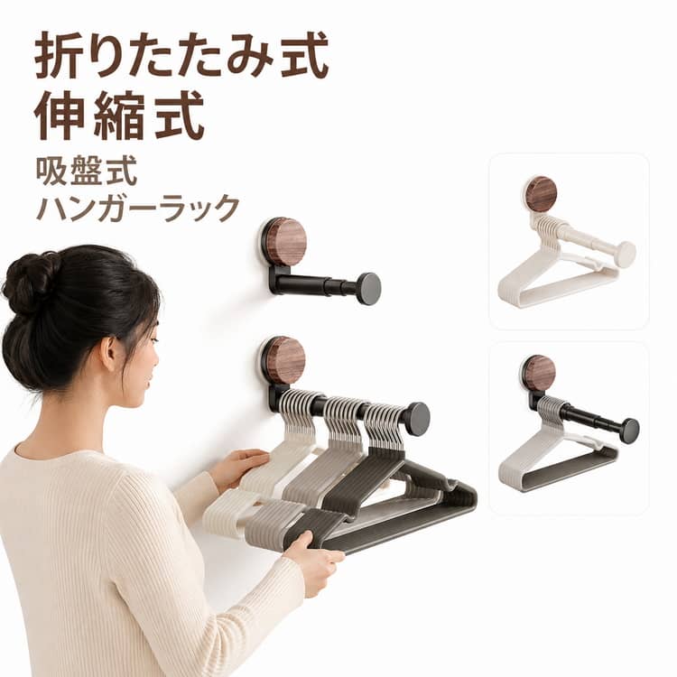 折りたたみ式伸縮式吸盤式ハンガーラック【穴あけ不要の強力吸盤タイプ】壁を傷つけにくい吸盤式。工具不要で簡単に取り付けでき、賃貸住宅でも使いやすい設計です。【最大20cmまで伸びる】設置スペースに合わせてバーの長さを自由に調節可能。衣類やタオルを掛けやすく便利です。【省スペースな折りたたみ式】使わない時は折りたたんで壁際にすっきり収納。限られた空間でも邪魔になりにくい設計です。【室内干し＆小物収納】雨の日や梅雨時期、花粉シーズンの部屋干しに最適。衣類はもちろん、タオルや小物類の収納にも活躍します。【軽量＆持ち運びしやすい】コンパクトに折りたためるため、旅行や出張、キャンプ、車中泊などの外出先でも便利に使用できます。【ナチュラルな木目調デザイン】温かみのある木目調デザインでリビングや洗面所、浴室、キッチンなど、さまざまな空間に自然になじみます。 サイズ F サイズについての説明 20x9.3cm 素材 ABS 色 ブラック ホワイト 備考 ●サイズ詳細等の測り方はスタッフ間で統一、徹底はしておりますが、実寸は商品によって若干の誤差(1cm～3cm )がある場合がございますので、予めご了承ください。 ●製造ロットにより、細部形状の違いや、同色でも色味に多少の誤差が生じます。 ●パッケージは改良のため予告なく仕様を変更する場合があります。 ▼商品の色は、撮影時の光や、お客様のモニターの色具合などにより、実際の商品と異なる場合がございます。あらかじめ、ご了承ください。 ▼生地の特性上、やや匂いが強く感じられるものもございます。数日のご使用や陰干しなどで気になる匂いはほとんど感じられなくなります。 ▼同じ商品でも生産時期により形やサイズ、カラーに多少の誤差が生じる場合もございます。 ▼他店舗でも在庫を共有して販売をしている為、受注後欠品となる場合もございます。予め、ご了承お願い申し上げます。 ▼出荷前に全て検品を行っておりますが、万が一商品に不具合があった場合は、お問い合わせフォームまたはメールよりご連絡頂けます様お願い申し上げます。速やかに対応致しますのでご安心ください。