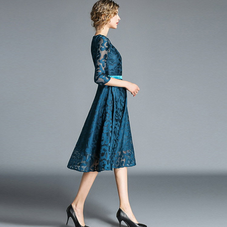 パーティードレス フォーマル レース サテン風 秋 レース 結婚式 Aライン 二次会 披露宴 五分袖 膝下 ミモレ丈 フレア ワンピ 春 夏 ワンピース