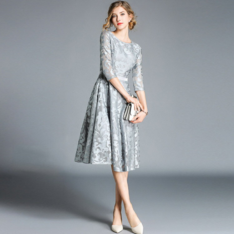 パーティードレス フォーマル レース サテン風 秋 レース 結婚式 Aライン 二次会 披露宴 五分袖 膝下 ミモレ丈 フレア ワンピ 春 夏 ワンピース