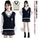 リブニット Vネック ベスト レディース ライン入り 制服 ガールズ ベスト 女子 高生 送料無料 セーター 学生服 ニットベスト 中学生 高校生 男女兼用 オールシーズン ボーイズ 通学 学生 スクールベスト