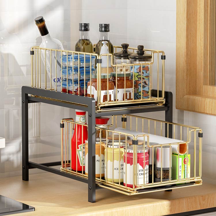 キッチン収納ラック スライドラック 引き出し式 シンク下収納ラック 大容量2段式 調味料ラック シンク下収納 大容量 キッチン収納 2段 引き出し付き 大容量 洗面所収納 スライド