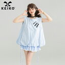 【KEIKO】ライトブルーノースリーブ レザーハートボタンドールシャツ プチプラストラップワンピース フリルネック × 立体バルーンカット袖なし/タンクトップ 夏新作 若者ガーリー × モードミックス カフェ × アートコーデ レディース ファッショントップス