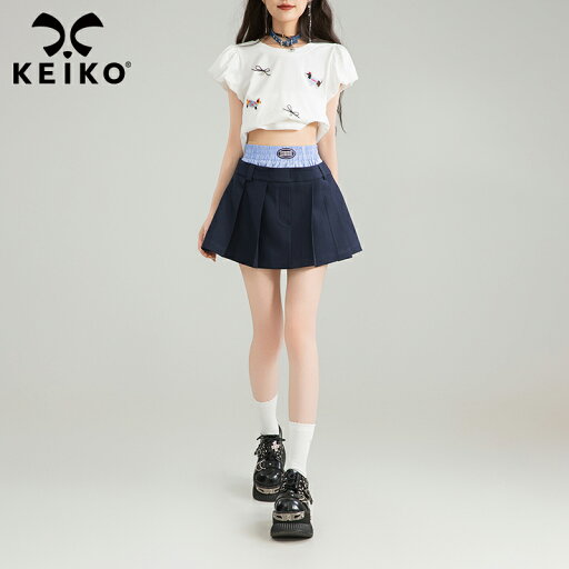 夏季 バイカラーウエストライン ミニプリーツスカート ベルクリー学院風 ハイウエストゴムスカート 夏季 バイカラーウエストライン ミニプリーツスカート ベルクリー学院風 ハイウエストゴムスカート