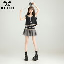 KEIKO タッセルレースノースリーブベスト+半そでスカートセット 夏遊びスタイル 初夏人気ウェア2点セット