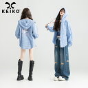 【KEIKO】アメリカンレトロ ブルーバフチェック フード付きシャケット ブラウスアメカジ ヴィンテージプリント 薄手ライト オーバーサイズ スナップボタン カーキ地 大人カジュアル プチプラ レディース ナチュラルメイクアップ リラックス スポーツカーディガントップス