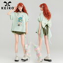KEIKOスウィートデパートリボン装飾半袖Tシャツ女性25夏少女センスグラフィティ印刷緩い半袖トップス