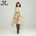 【KEIKO】トレンド レトロ フラワー ハーネスネック ワンピ 夏 リゾート フェス ビーチ ロマンチック エレガント 大人可愛い ロングスカート シフォン 透け感 アシンメトリー スウェップ トレイン パステルカラー フリル 刺繍 きれいめ お出掛け ボヘミアンワンピース
