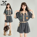 KEIKO】アメリカンワーク デニムオーバーオール ショートパンツ, 2025SS ヴィンテージウォッシュ ウエストシェイプ シルエット強調 軽量 ストレッチ 通気性 ワークスタイル カントリー フェス ユニーク 新作 レディース プチプラ