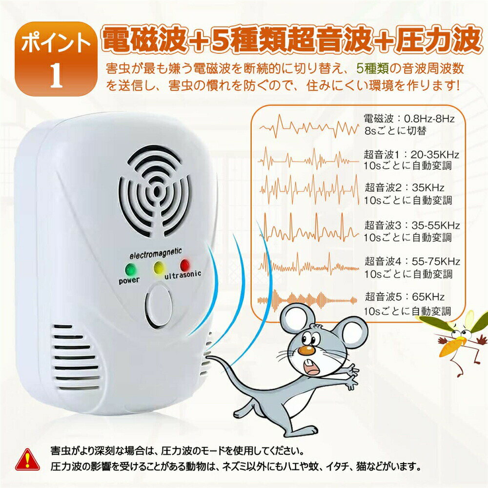 【P5倍！大感謝祭】ねずみ駆除 超音波 強力 虫除け ネズミ撃退器 害虫駆除 135畳有効範囲 電磁波+5種類超音波+圧力波 静音無毒 子供やペットに安心 ねずみ/ゴキブリ/蚊/ノミ/ハエ/ダニ/シロアリ/ハチ/クモ対策器 2