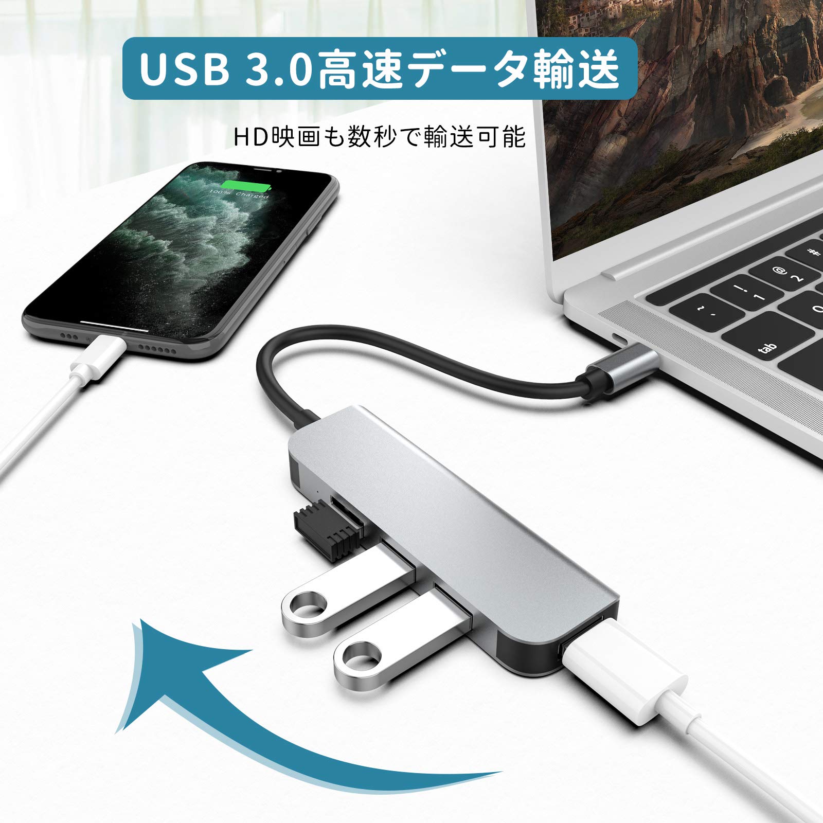【P10倍＆100円クーポン！SS限り】USB C ハブ Type C to USB3.0 ハブ 4ポートバスUSB TYPE Cアダプター高速データ転送 スリム設計 USB Type-C ハブMacBook Pro Air/iPad Pro/Windows/Android 等対応応