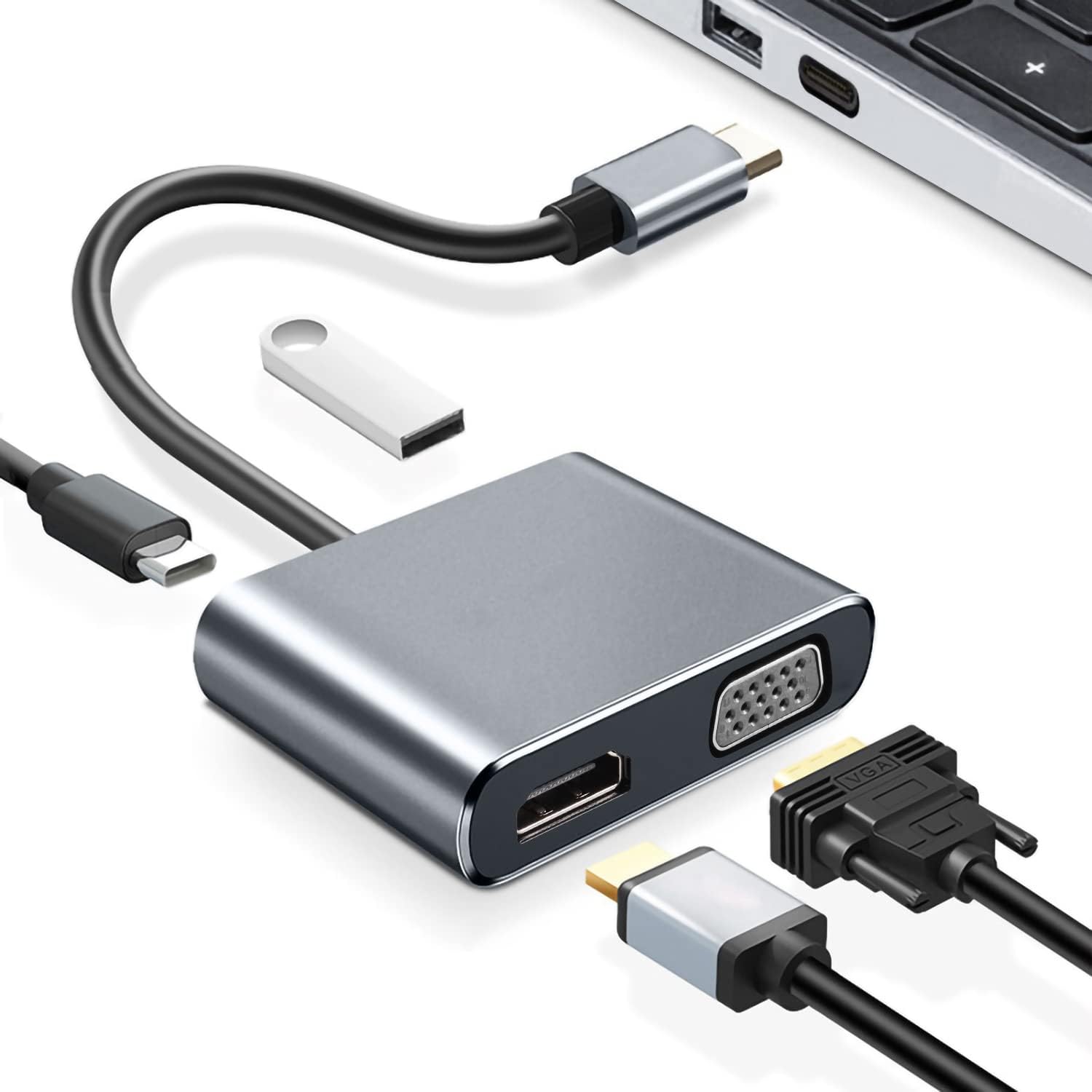 USB C VGA ハブ 4-in-1「4K 映像出力+ VGA映像出力+PD急速充電+USB3.0 高速データ伝送」Type C HDMI変換アダプター 設定不要 iPhone 15 /iPad Pro、MacBook Pro/Air、Samsung Galaxy S20/Note10、
