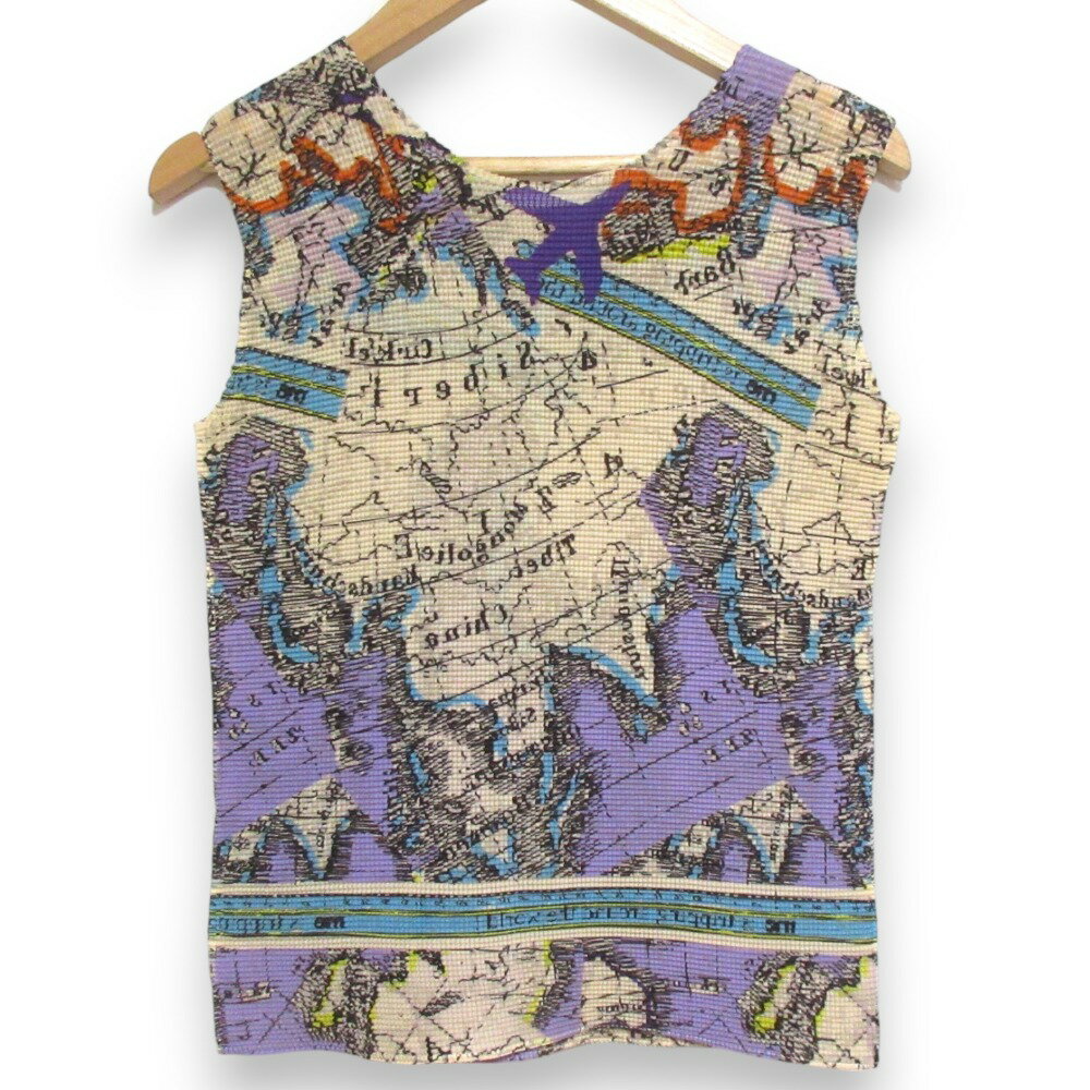 【中古】美品 me ISSEY MIYAKE ミーイッセイミヤケ 世界地図柄 プリーツ ノースリーブ カットソー ベージュ系マルチカラー レディース Luxs ブランド古着のリュクスのサムネイル